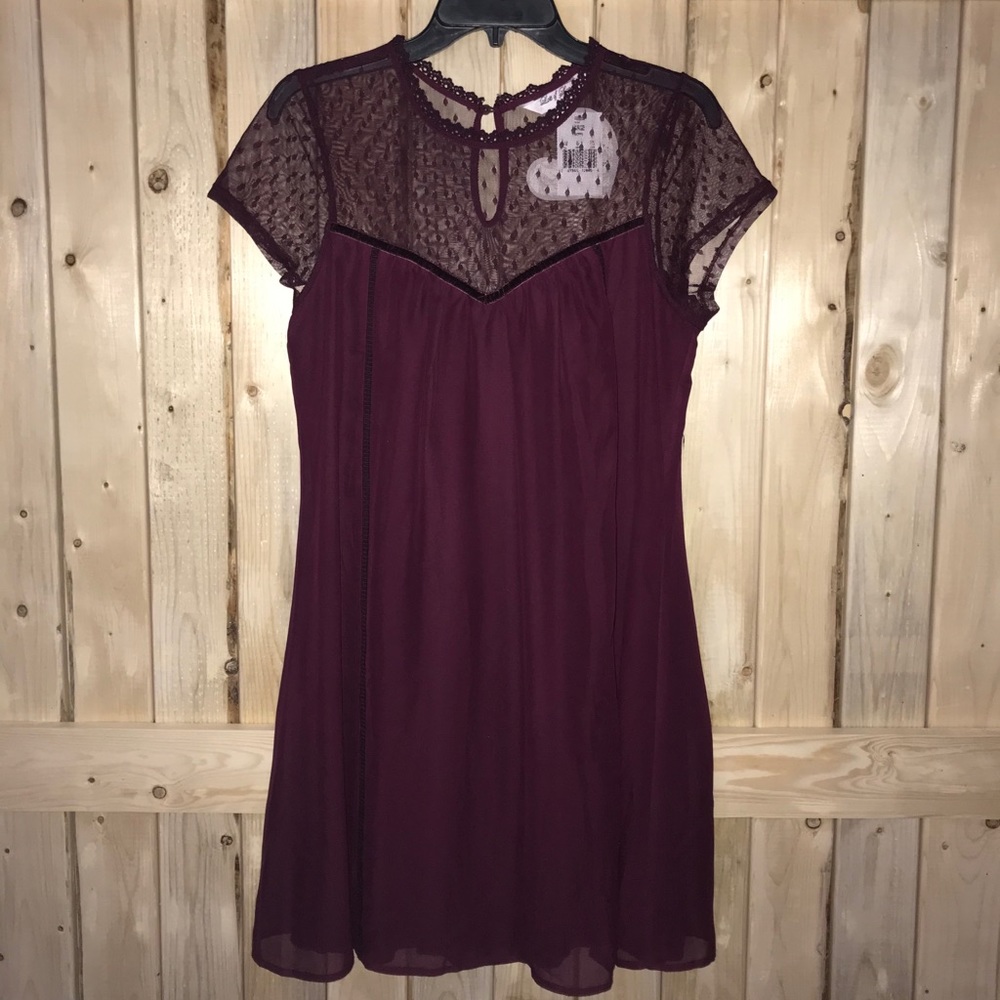 NWT Burgundy Mini Dress-Dotted Lace & Velvet Trim
